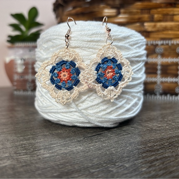 NWOT Elegant Crochet Blue and Cream Earrings - Picture 5 of 9